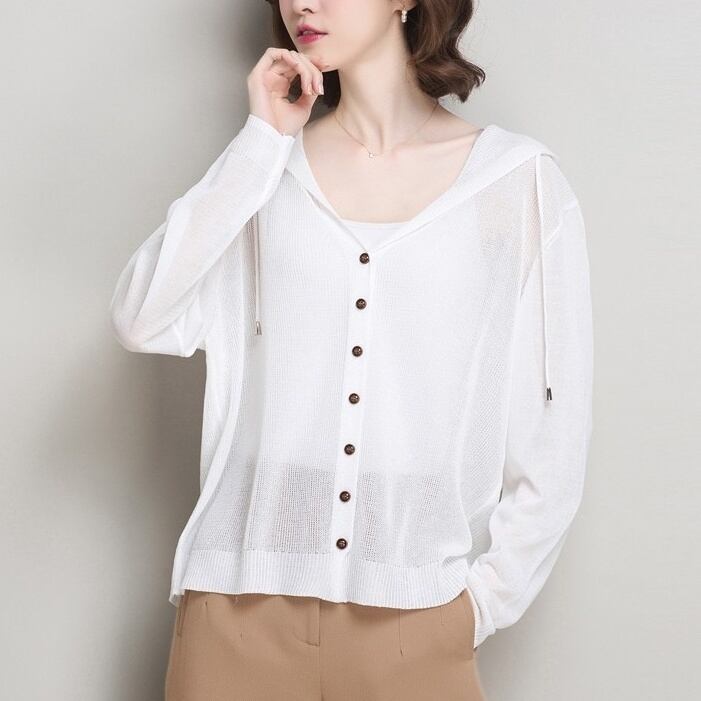 トップス レディース カーディガン 4カラー M L XL ピンク ホワイト ブルー パープル カラバリ 長袖 無地 ニット セーター サマーニット 羽織り 日焼け対策 冷え防止 パーカー フード付き ボタン 前開き シアー シースルー 透け感 薄手 体型カバー シンプル カジュアル フェミニン キュート 大人可愛い おしゃれ 普段使い デート お出かけ 女子会 休日 旅行 通勤 通学 着まわし 送料無料 韓国系 ファッション コーデ スタイル モテ 大きいサイズ 春 夏