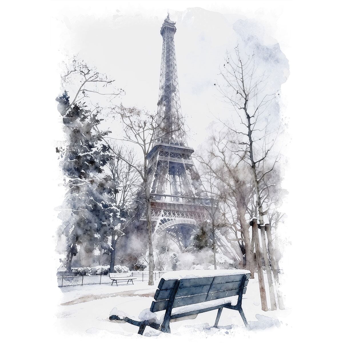 絵画 フランス 風景画(街並み) 冬 雪が積もる公園とエッフェル塔 インテリアアート額付き 水彩画・油絵調 WAT0284