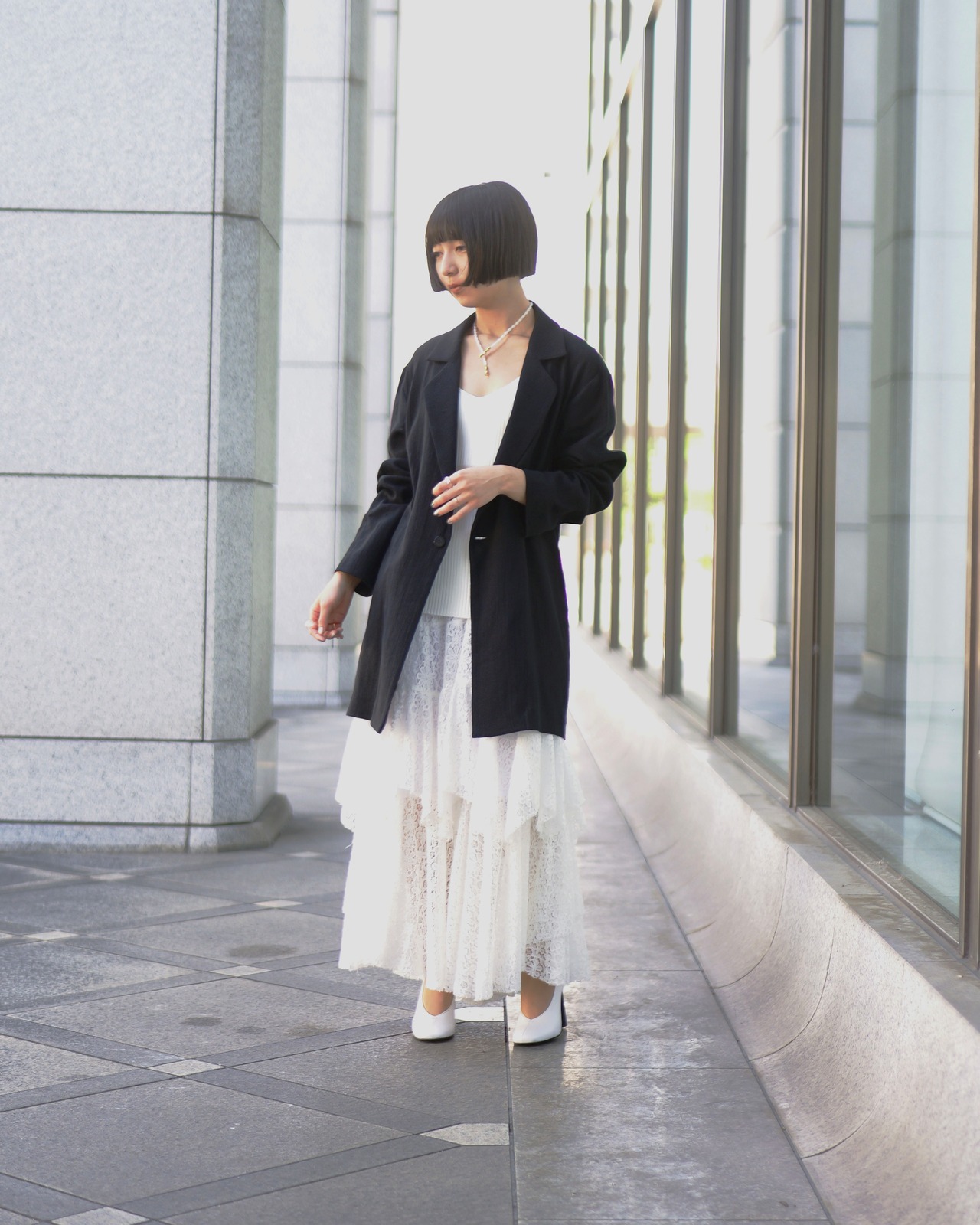 AMBERGLEAM - 2WAY Tiered Skirt ：LACE｜2WAY仕様／ドローコードシャーリング／ティアードレース／膝スリット／前後差アレンジ