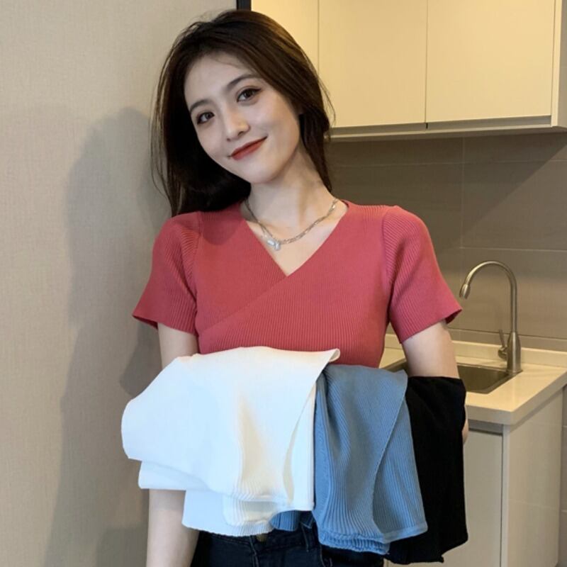 スタンダードハイウェストウェストスリムトップス Vネック薄手セーター レトロ YY-ファッション69462932525