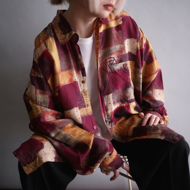 dark tone art graphic loose silk shirt