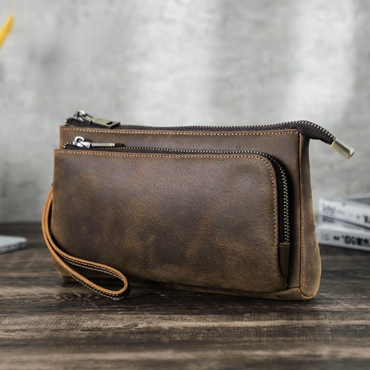 Genuine Leather Triple Zip Clutch Bag / 本革 レザー トリプル ジップ クラッチ バッグ