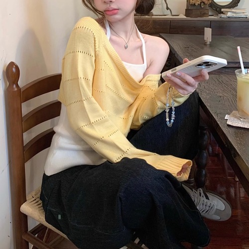 【2点セット】パンチングオフショルショートニット＋キャミ ・71900