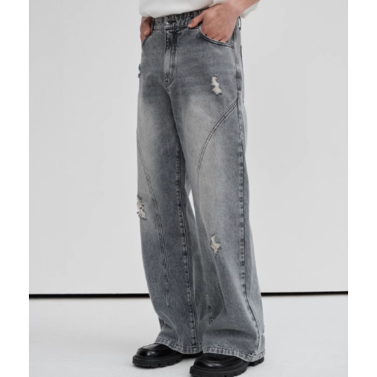 イレギュラークラッシュユーズド調デニム　0895