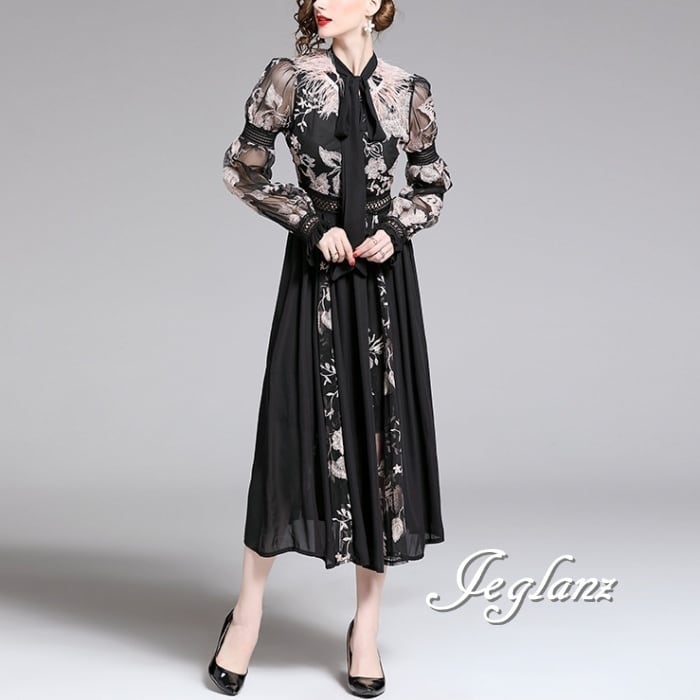 パーティドレス ワンピース ボウタイ 花柄 切替 Aライン シアー感 (M0470)ζ