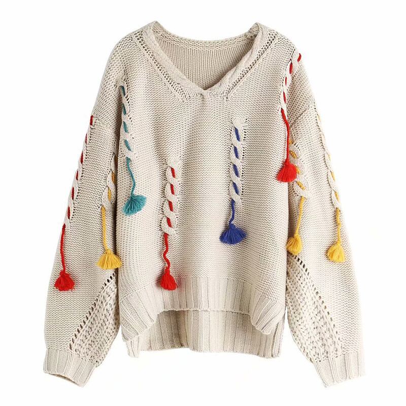 Colorful Lace-Up Tassel Sweater S0199