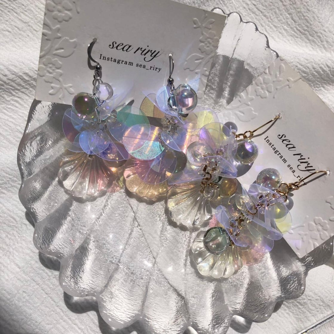 no.867 人魚姫のしゃぼん玉ピアス マーメイド シェル クリア オーロラ