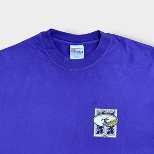 【HANES】90s USA製 X-LARGE ワンポイントロゴ Tシャツ バックプリント ハワイ サーフィン デザイン イラスト ヘインズ パープル 半袖  US古着