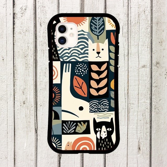 受注生産 iPhoneケース 猫と植物の民芸コラージュ柄｜猫モチーフ FMSY104B