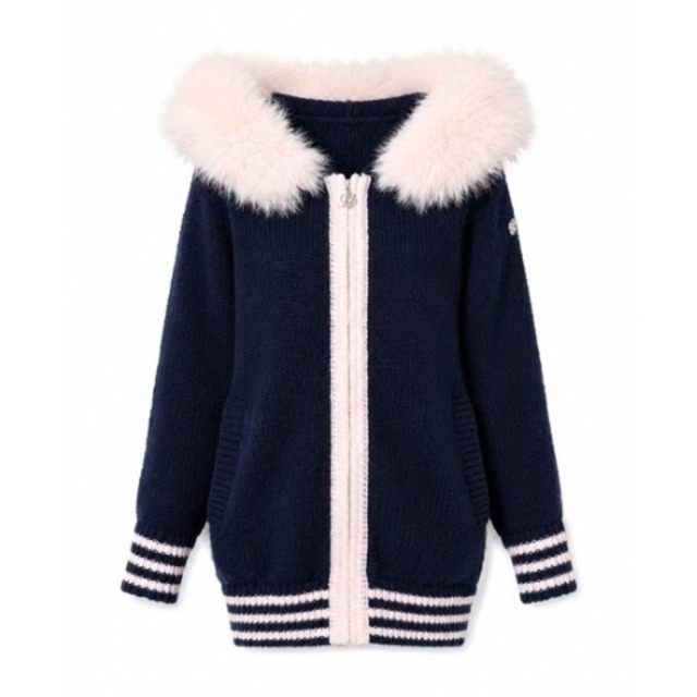 Lumignon original ♥ Big Fur knit hoodie【ネイビー×ピンク】
