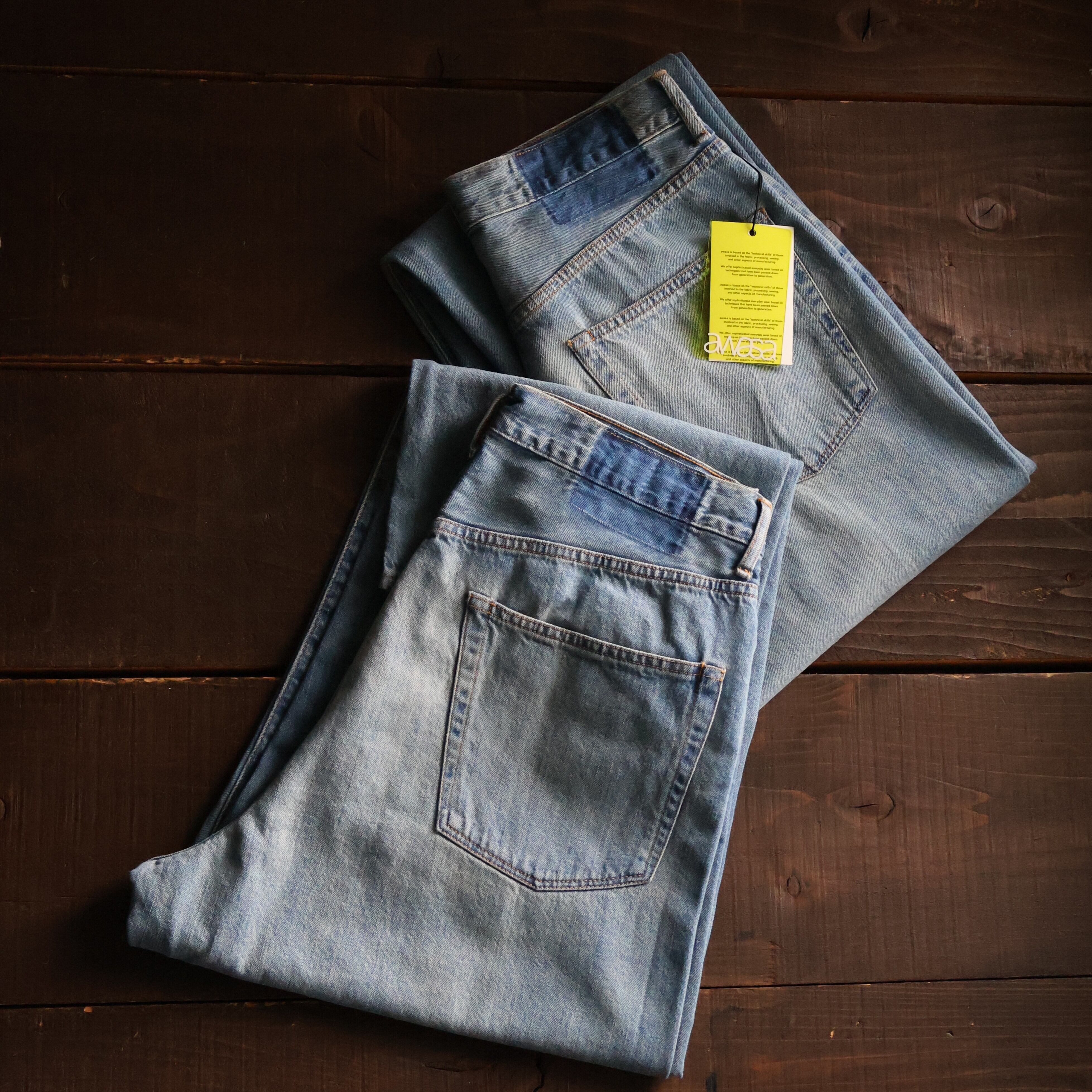 awasa “ selvage light oz denim 5 pocket wide pants ( Indigo fade