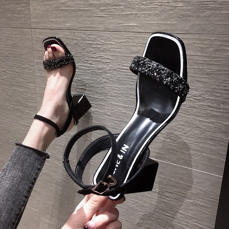 ネットレッドサンダル女性の妖精スタイル2020新しい夏のファッション黒のスパンコール厚いヒールとハイヒールの潮の夏 フェイクシューズ86418230678