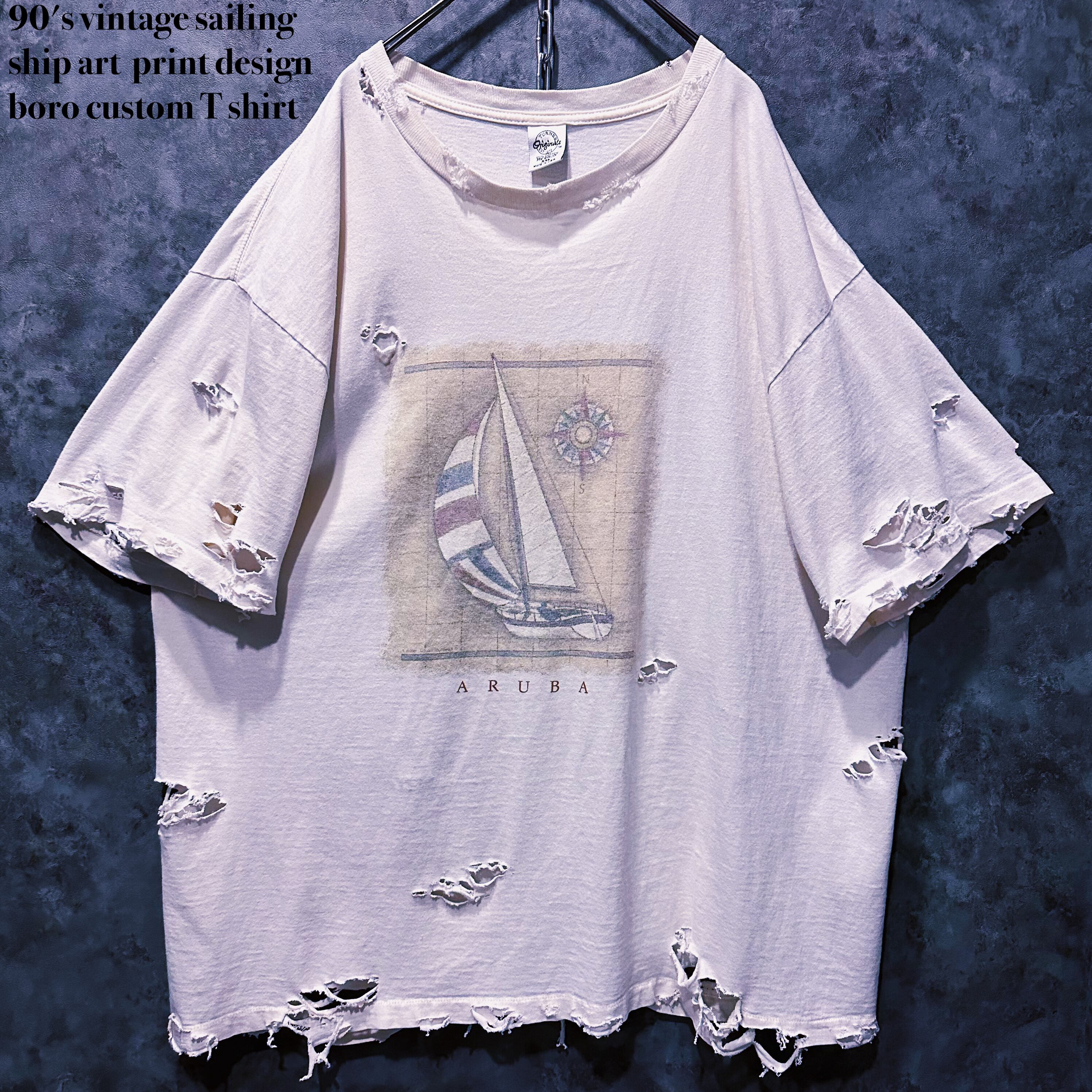 【doppio】90's vintage sailing ship art print design boro custom T shirt
