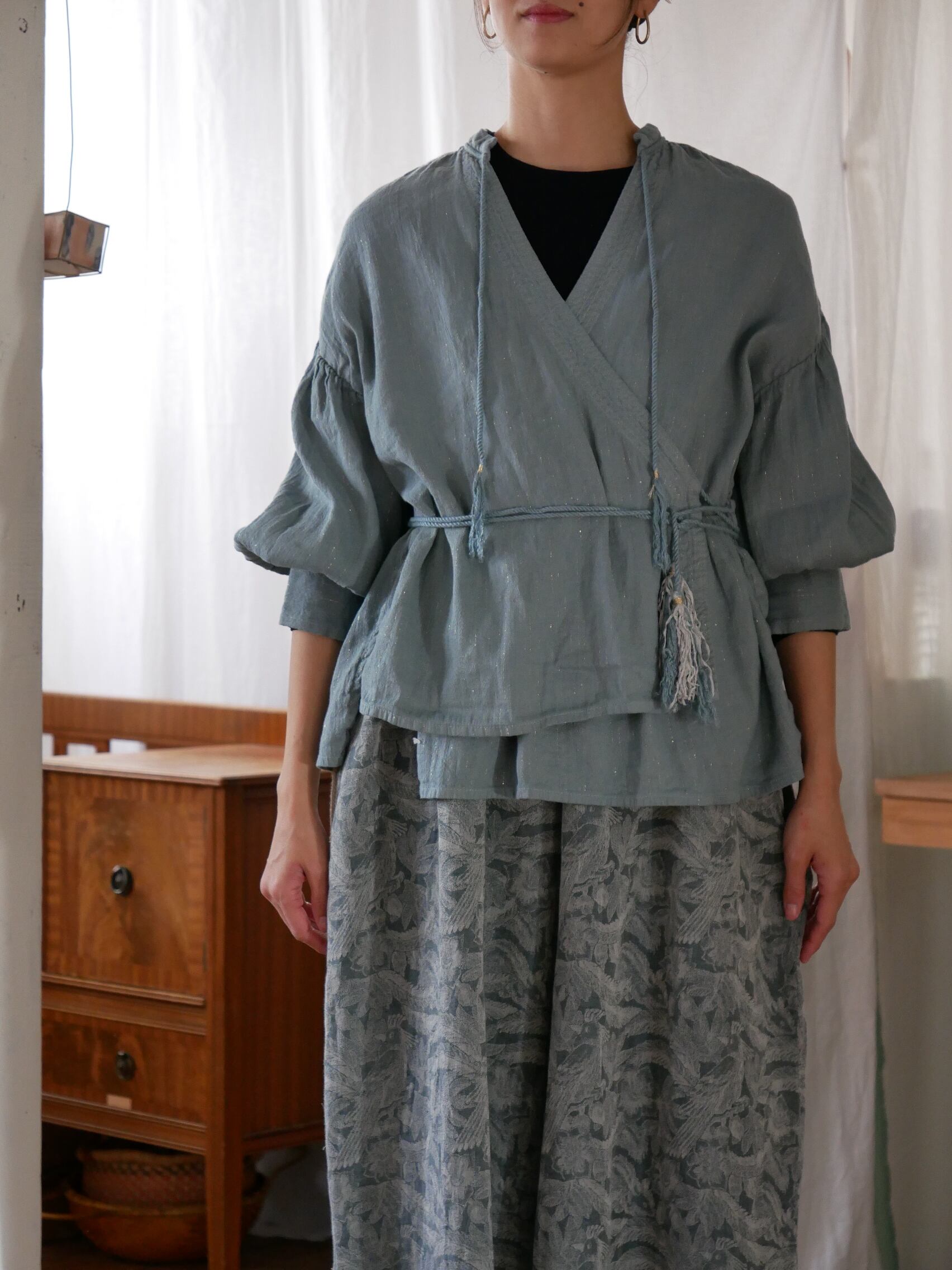 YURTAO】ラメカントリークロス カシュクールブラウス ギャザースリーブ