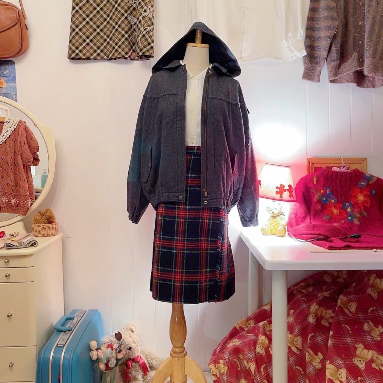 green check hoodie blouson