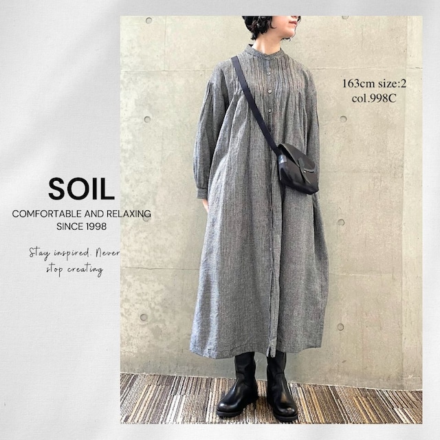 SOIL/INSL22614ソイル/ウールリネンチェック＆ストライプバンドカラーピンタックワンピース