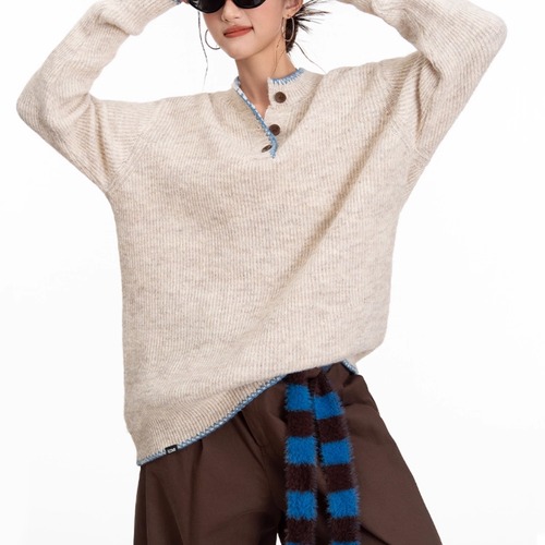 American retro Henley collar sweater,loose and lazy style knitted top(NC101)