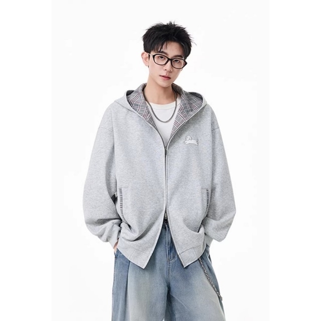 ♥ユニセックス ワンちゃん刺繍×チェック柄ジップパーカー！【GraceRubシリーズ】★ジャケット★ ユニセックス 2color アウター チェック柄 カジュアル 春秋タイプ