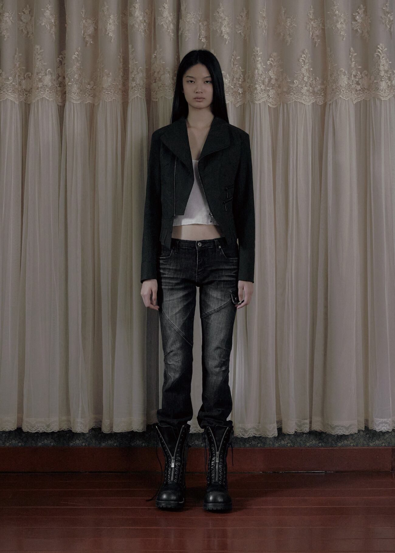 BOHEMIAN SEOUL] CREASED DIAGONAL ZIP JACKET, KHAKI BROWN 正規品