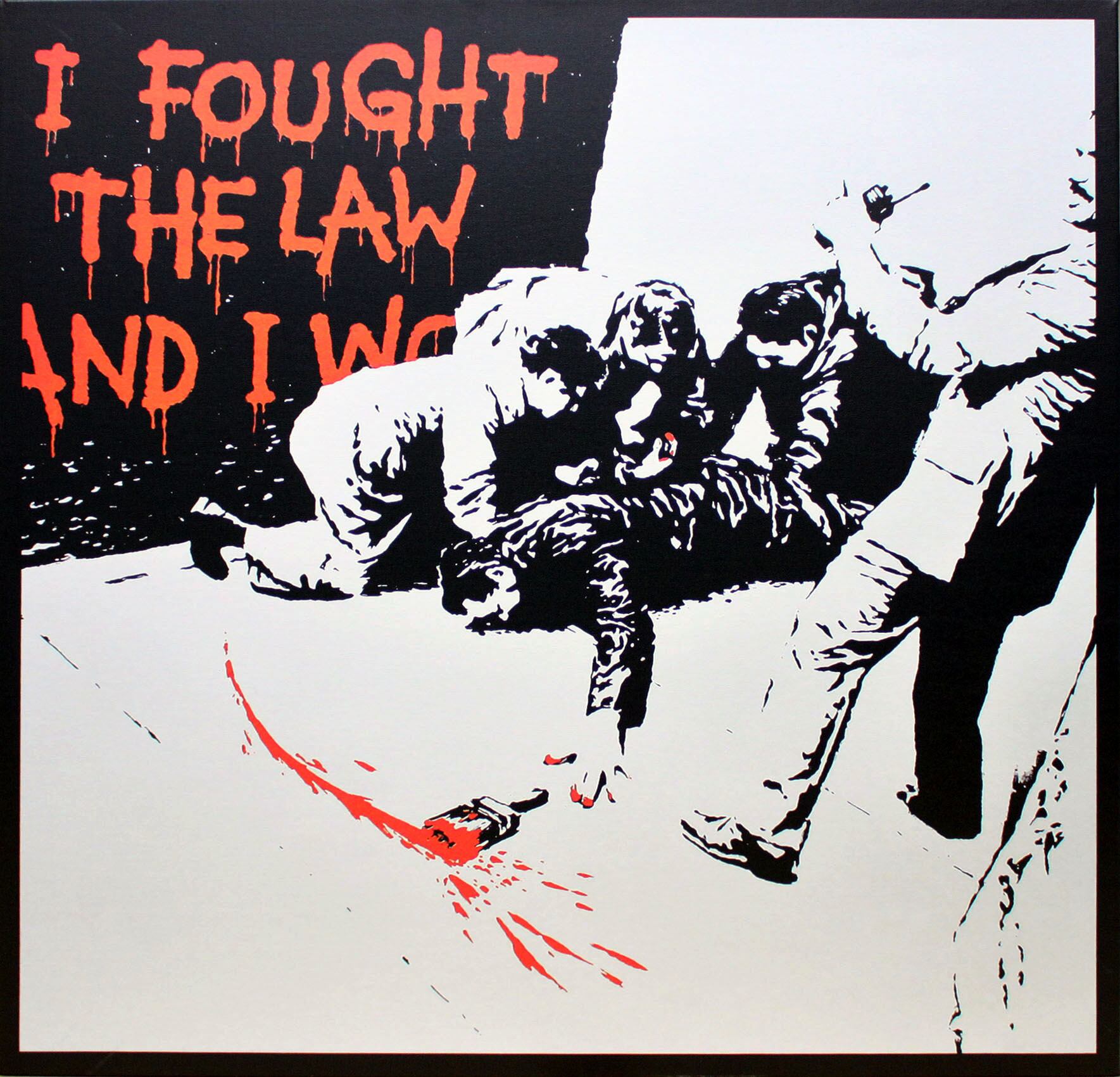 バンクシー「アイ フォウト ザ ロウ/I Fought The Law And I Won」展示用フック付きキャンバスジークレ