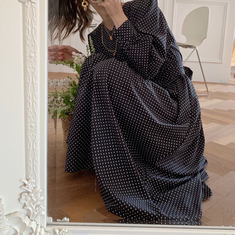 リボン水玉スカート スタンダードウェスト薄手スプリングロングドレス レトロ 春物 ビッグFスモールZ韓国812817255