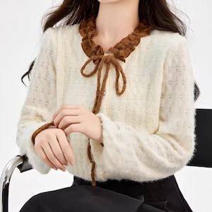 フリル細リボンネックニットトップス ・9553 フリル細リボンネックニットトップス ・9553