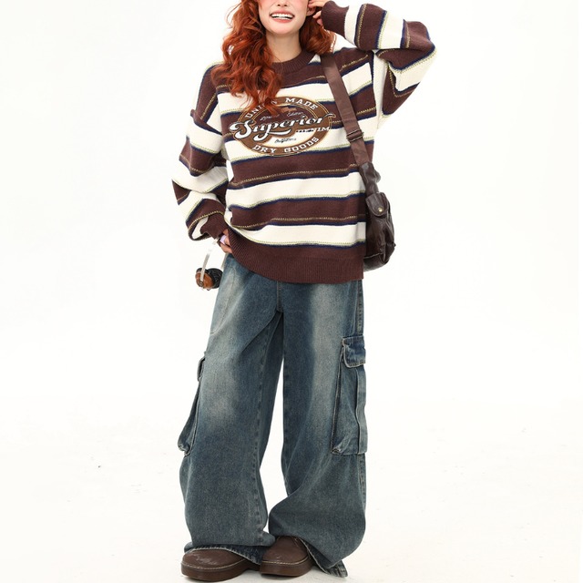 brown striped logo knit　ブラウンボーダー柄ロゴニット　J1354