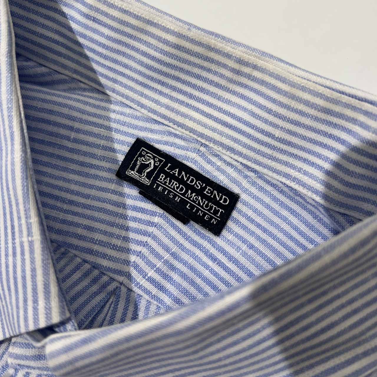 リネン100% LANDS' END ランズエンド Baird McNutt Irish Linen ストライプ柄 BD 半袖シャツ サイズ 42 /水色系