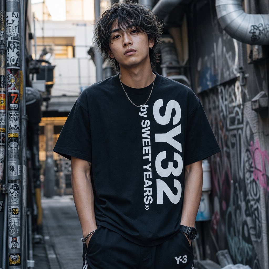 吸水速乾UVカット半袖Tシャツ|SY32 by SWEET YEARS エスワイサーティトゥー バイ スウィートイヤーズ VERTICAL LOGO TEE メンズ クロシロ 32-26sn1-40