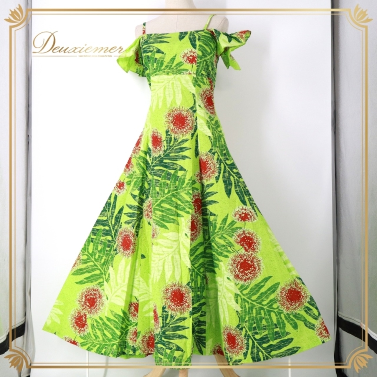 フラダンス 衣装 ワンピース ドレス グリーン系 メネフネプランテーション 日本製 ハワイアンプリント モンステラ柄 MENEHUNE PLANTETION キャミソール フリル フレアスカート レッド系 黄緑 緑 赤 華やか 鮮やか かわいい おしゃれ さわやか 上品 おしゃれなワンピース 華やかな ハワイアンスタイル エレガント リゾート