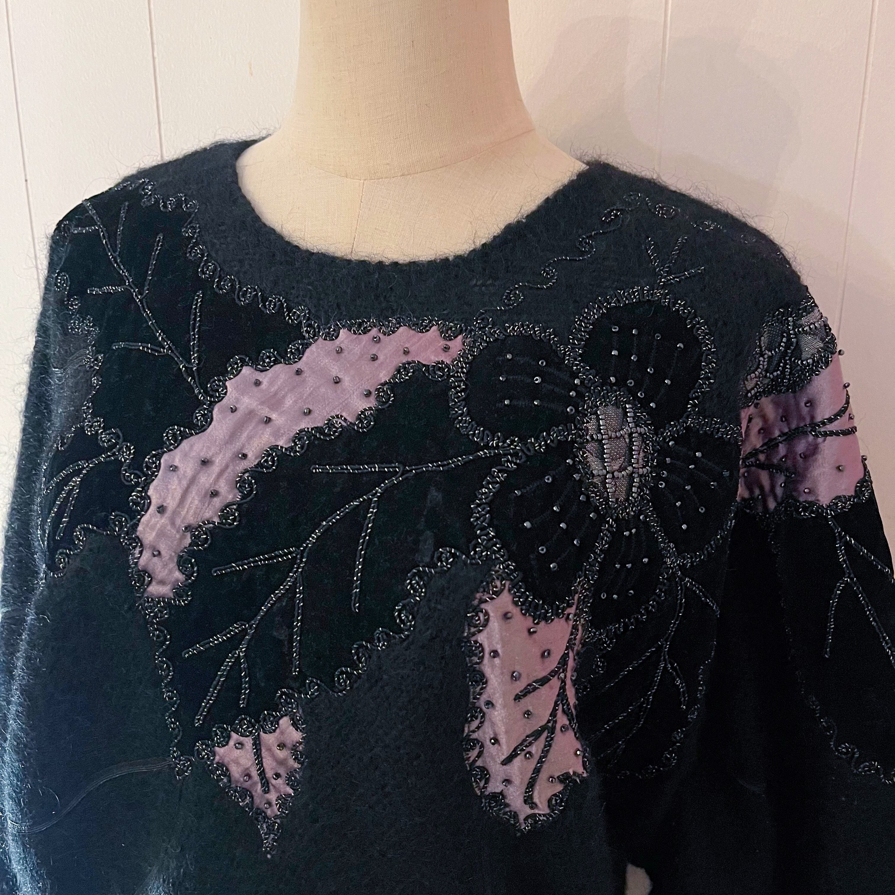 beads flower black dolman sweater