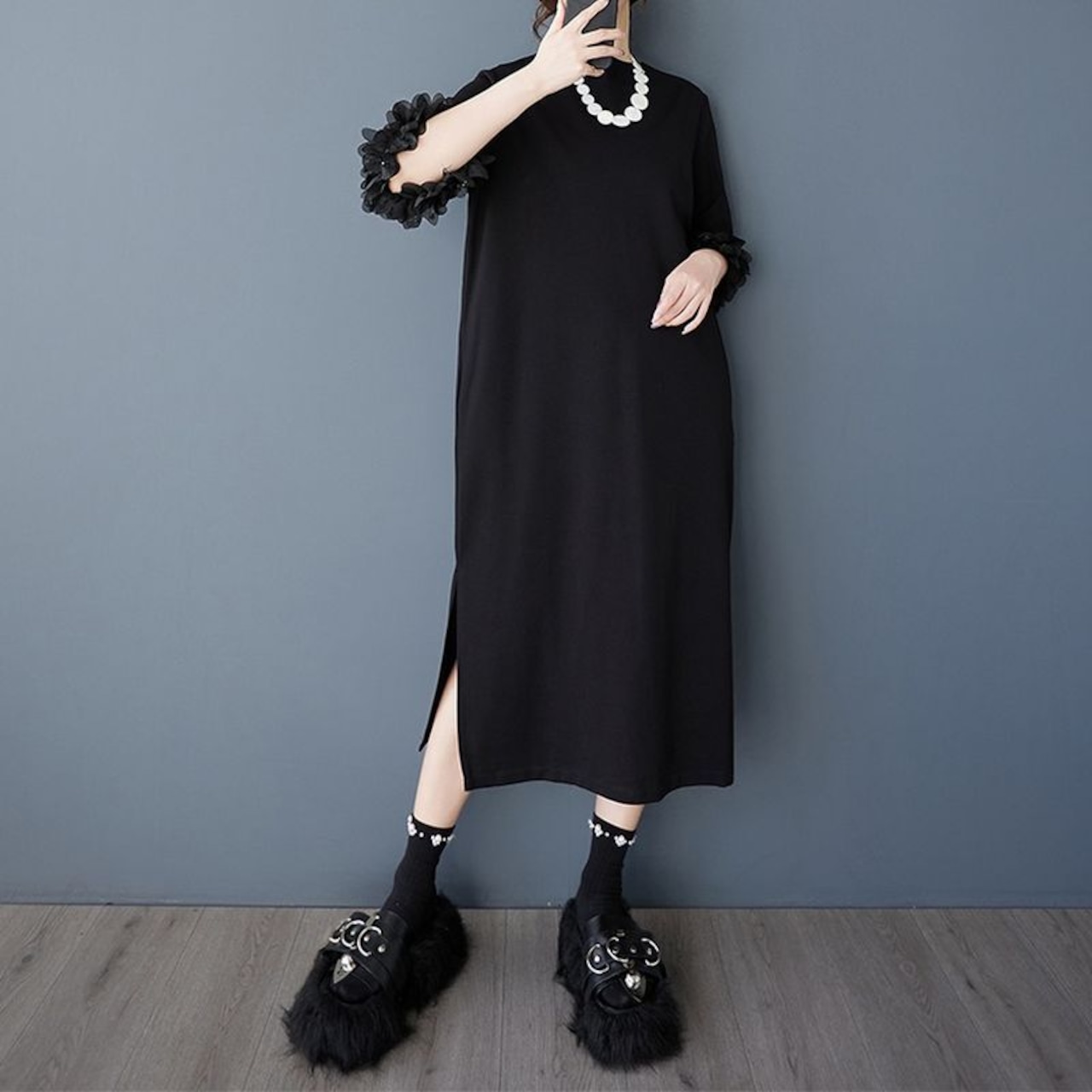 シアーフリル袖 ブラック ワンピース 30245