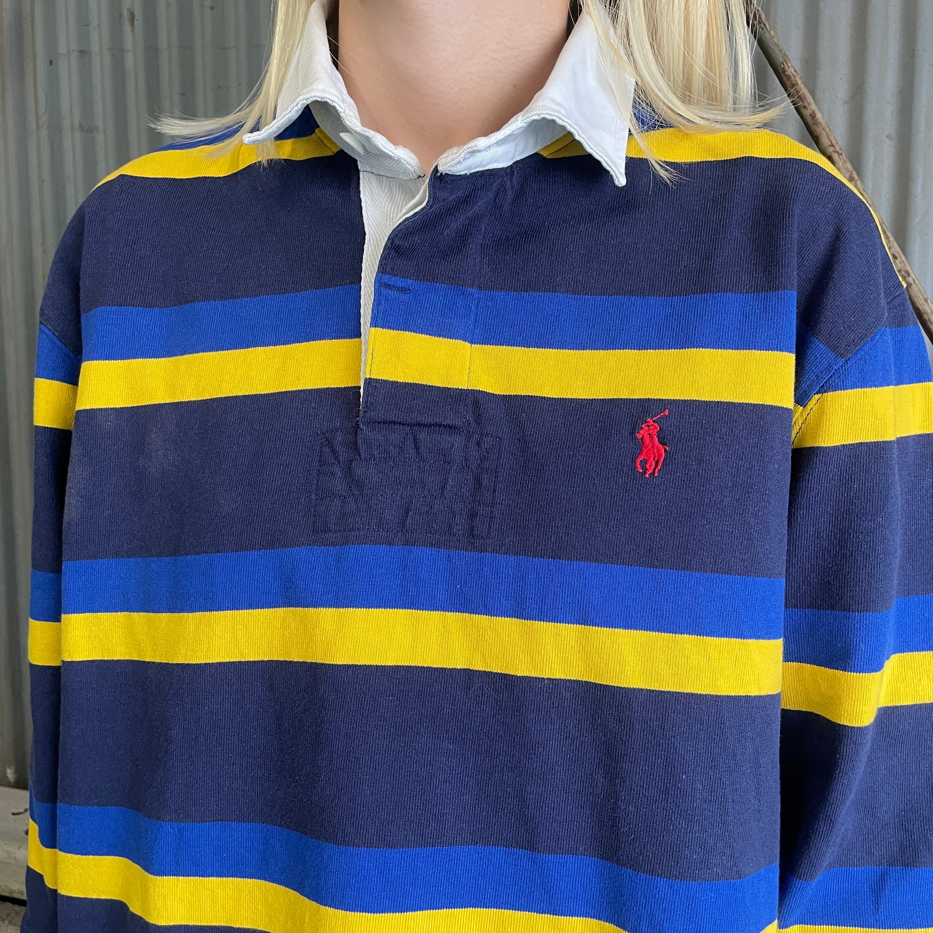 Polo by Ralph Lauren ポロバイラルフローレン マルチボーダー ラガーシャツ メンズL相当 古着 ネイビー ブルー イエロー 紺色  青色 黄色 オールドラルフローレン【ポロシャツ・ラガーシャツ】【3anniv】 | cave 古着屋【公式】古着通販サイト powered by