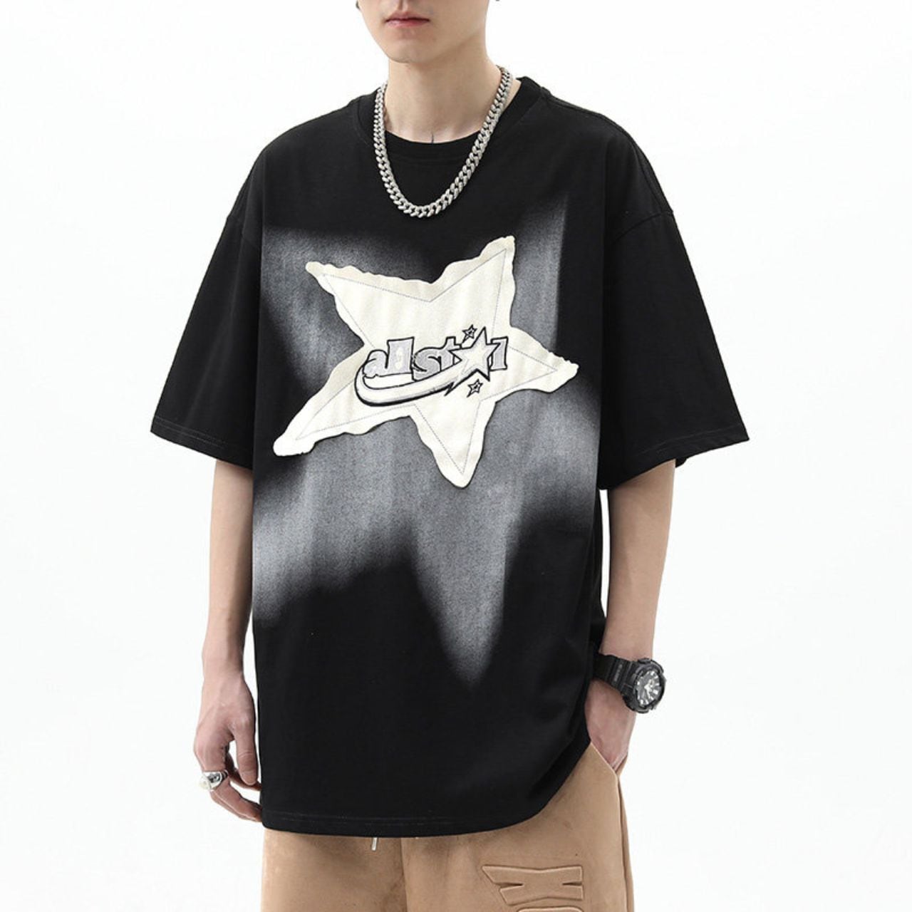 スターモチーフグラフィックデザインTシャツ 2col   A00037