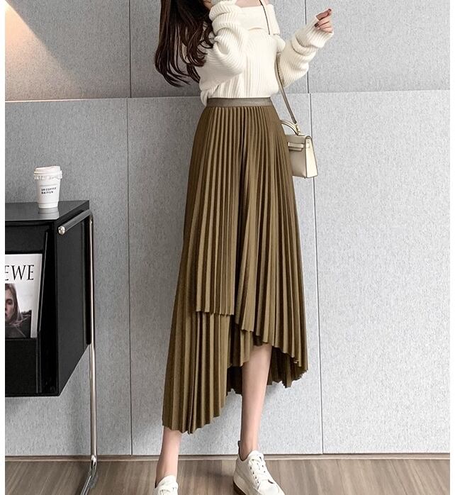 スカート プリーツスカート ミモレ ミモレ丈 細身 Aライン プリーツ ハイウエスト かわいい 大人可愛い きれいめ シンプル 大人 上品 おしゃれ お洒落 大人女子 こなれ感 ガーリー ルーズ 個性的 エレガント モダン 抜け感 ゆったり 無地 春 夏 秋 10代 20代 30代 レディース 女性用 学生 デート お出かけ 女子会 休日 旅行 着回し 普段使い 韓国系 美脚 脚長 S M L XL 黒 ブラック カーキ くすみカラー 大人カラー アプリコット