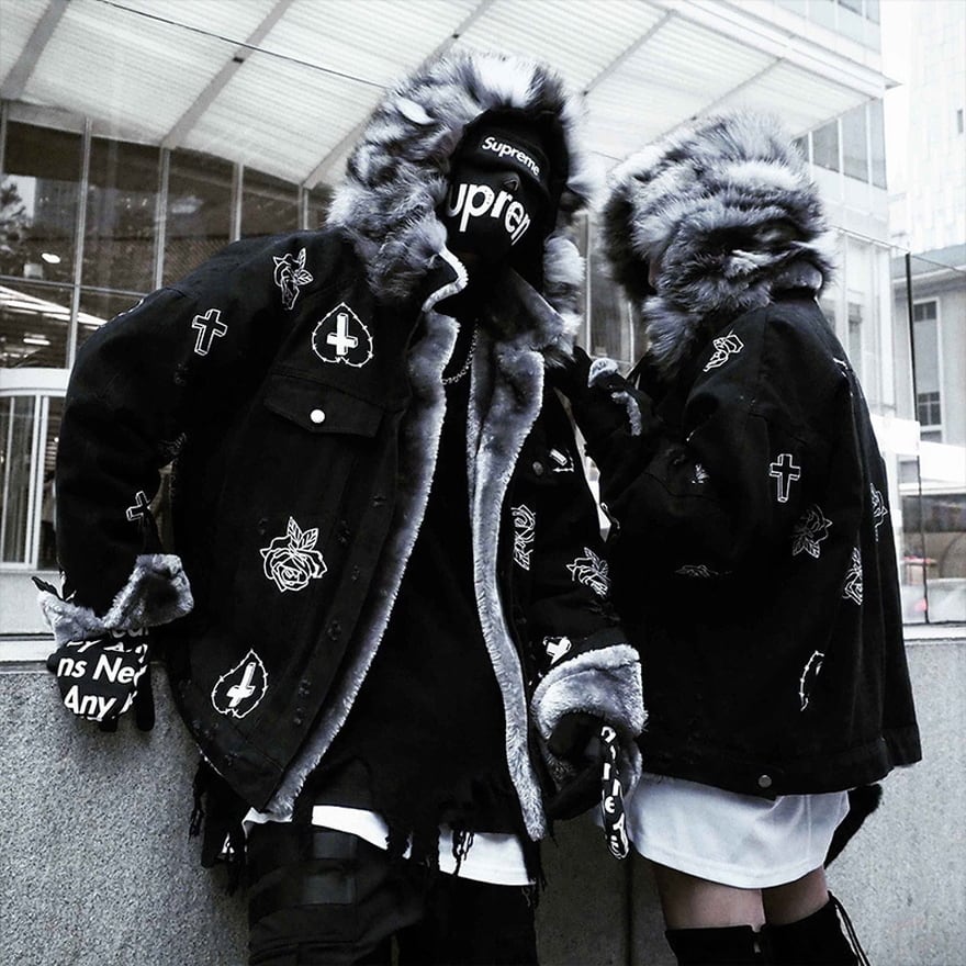 サブカル 服 地雷系 通販 ジャケット ユニセックス キツネ リアルファー 薔薇 十字架 プリント 裏起毛 もふもふ 暖か 闇かわいい