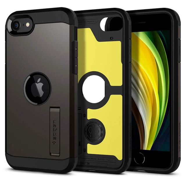 Spigen iPhone SE3 SE2 【第3/2世代】 ケース iPhone7/8用 ケース耐衝撃 スタンド付き 米軍MIL規格取得 三層構造 スマホスタンド カメラ保護 傷防止 衝撃吸収 ワイヤレス充電 タフ・アーマー ACS00949 (ガンメタル)