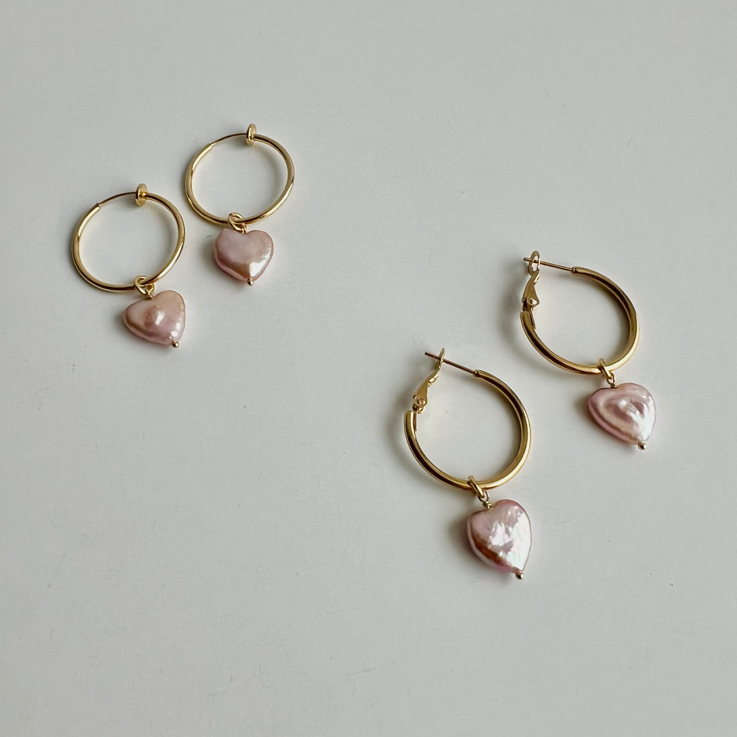 ピンクハート淡水パールフープピアス /イヤリング | Handmade Accessory MU