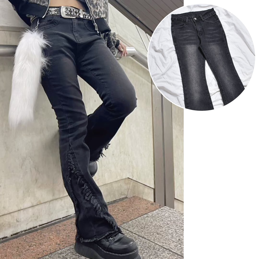 eyden着用！FLEXHOOD 黒デニムフレアパンツフリンジ加工 ジーンズ デニム デニムパンツ 裾 フリンジ フレア パンツ レディース