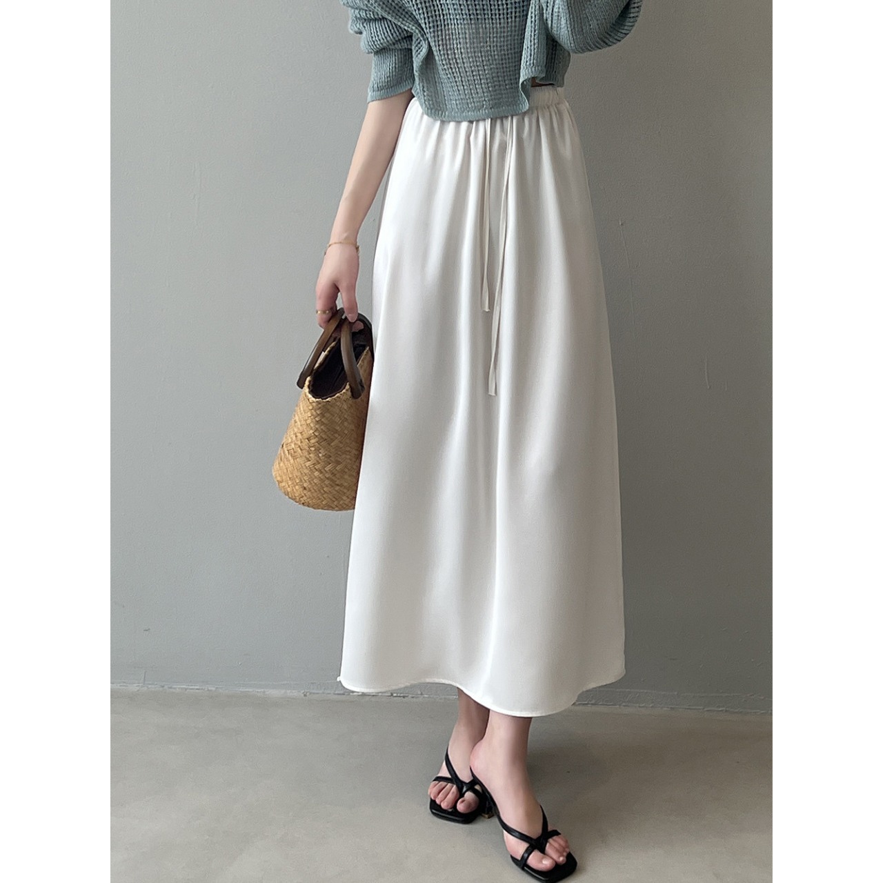 サテン レースアップ フレア ロングスカート 10082