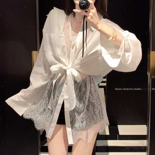 【3点セット】リボンショートブラウス＋レースノースリーブトップス＋ショートパンツ ・76016