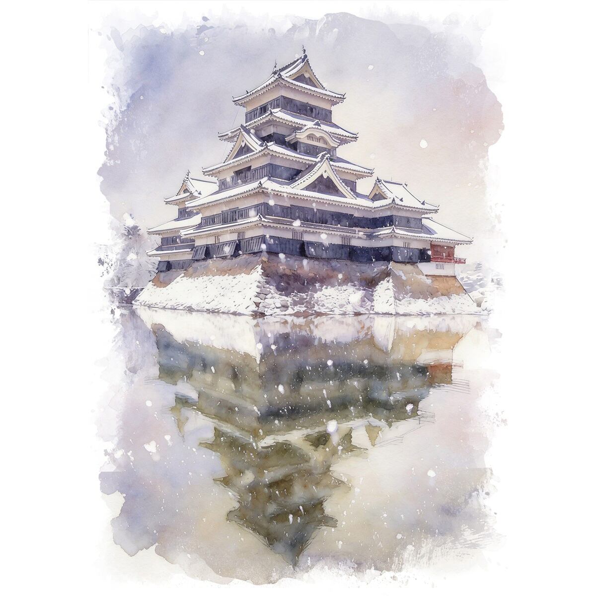 絵画 風景画 日本の城 冬 長野県 雪の松本城 インテリアアート額付き 水彩画・油絵風 WAT0982