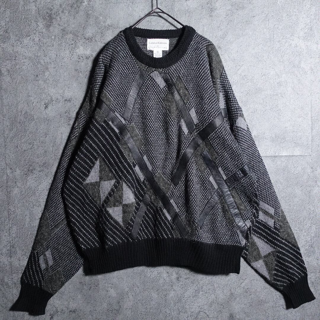 Gray leather switching diamond motif design knit