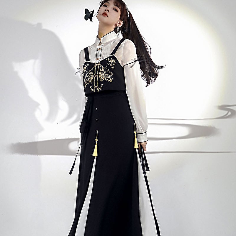 サブカル 服 地雷系 通販 3点セット オールインワン バルーンスリーブ ブラウス butterfly刺繍ベスト ロング丈バイカラースカート チャイナ服 中華服 おしゃれ 闇かわいい