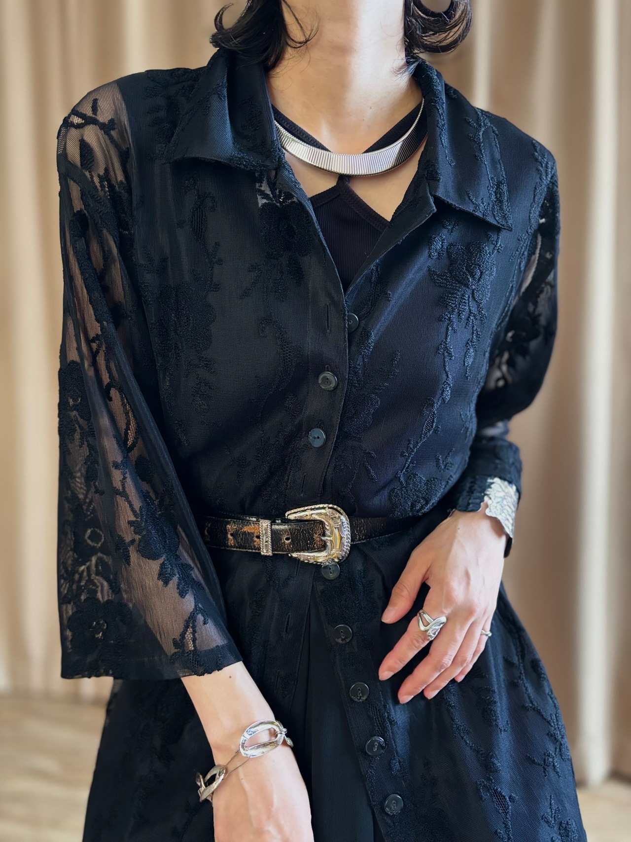 black floral lace sheer long shirt-5315-7