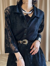black floral lace sheer long shirt-5315-7