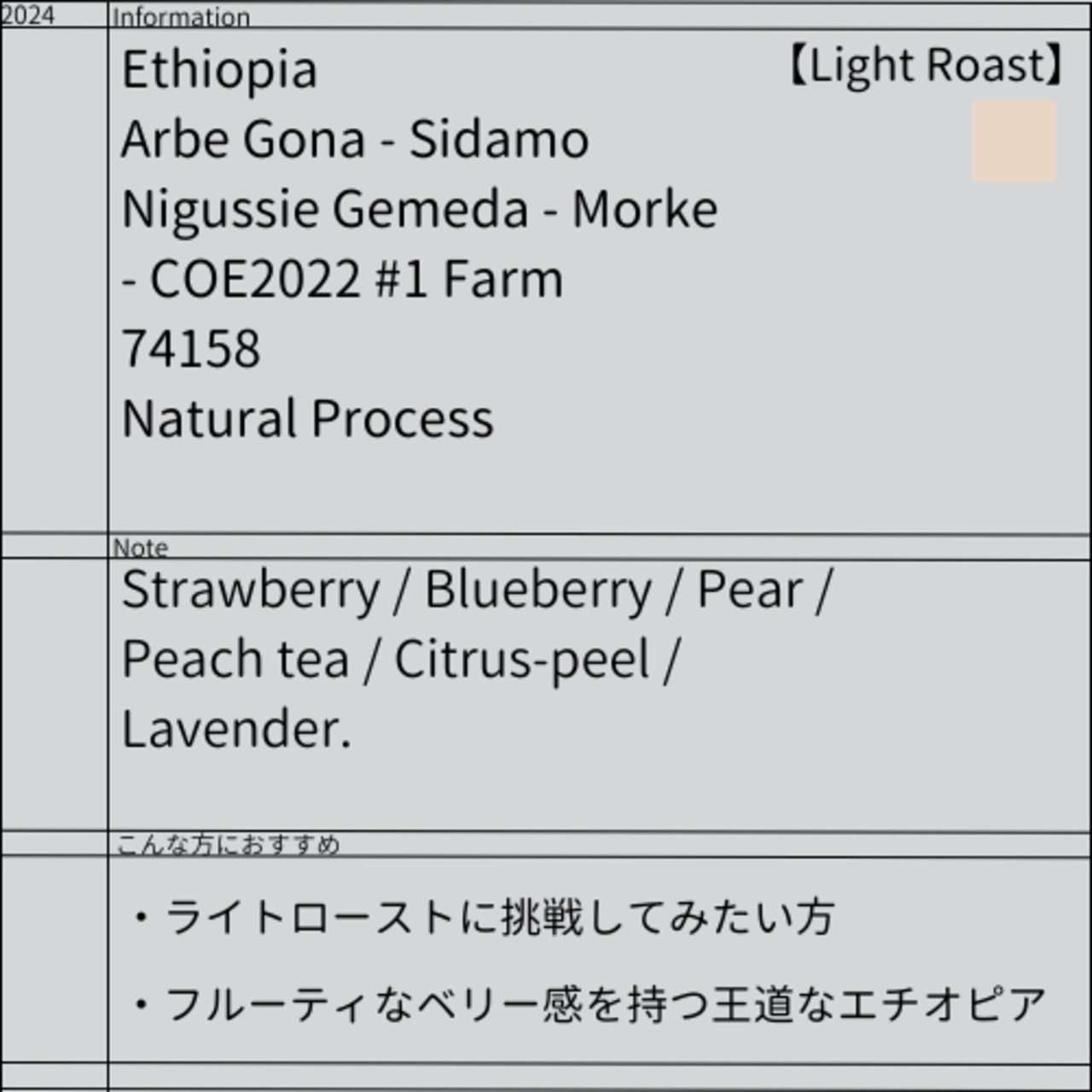 Ethiopia-Nigussie Gemeda - Morke/COE2020 #1 Producer/74158/Natural/Light