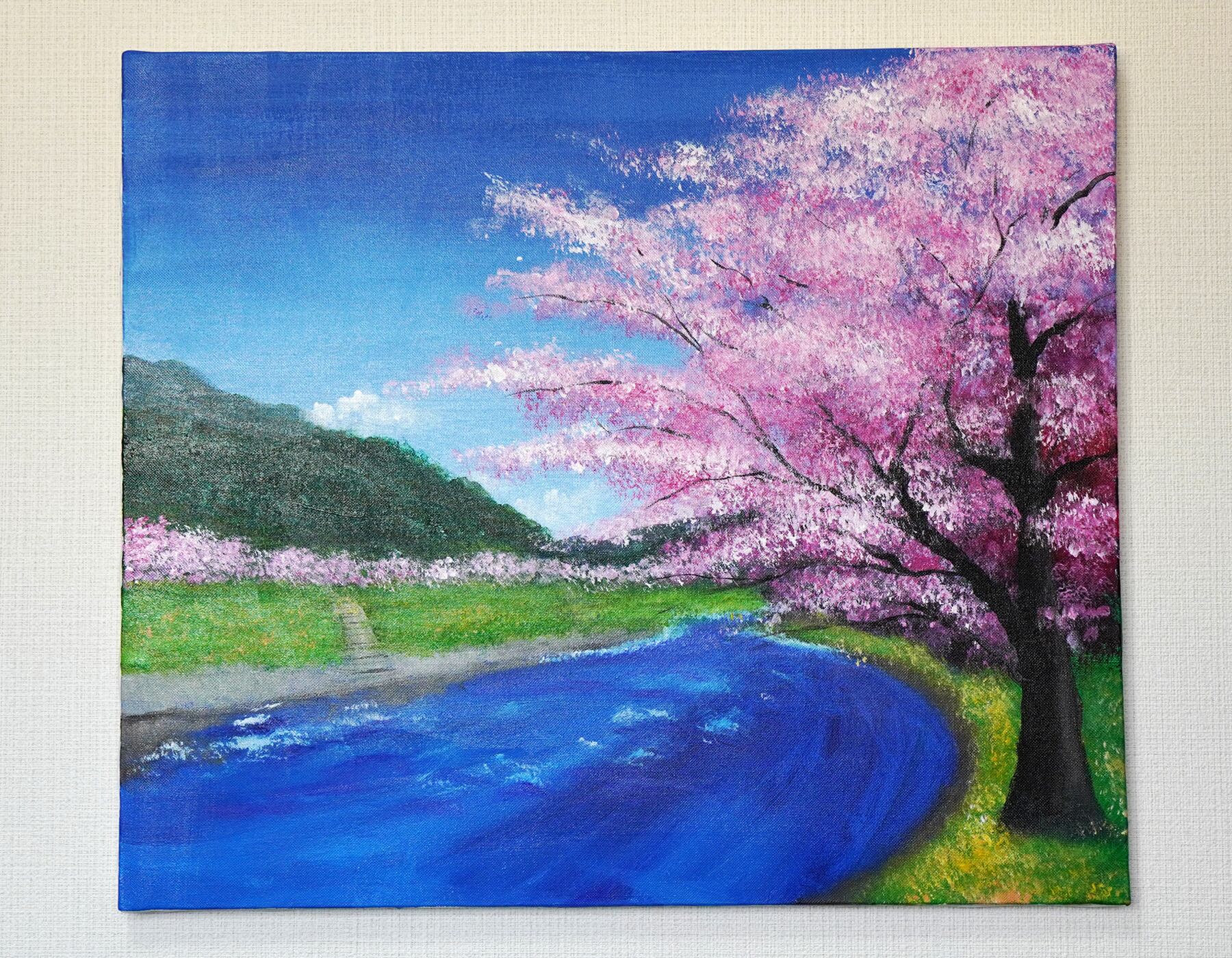 油絵 絵画【桜と川】 油絵 油彩 油彩画 絵 絵画 【松川の桜】 絵画 HR 通販 17342529