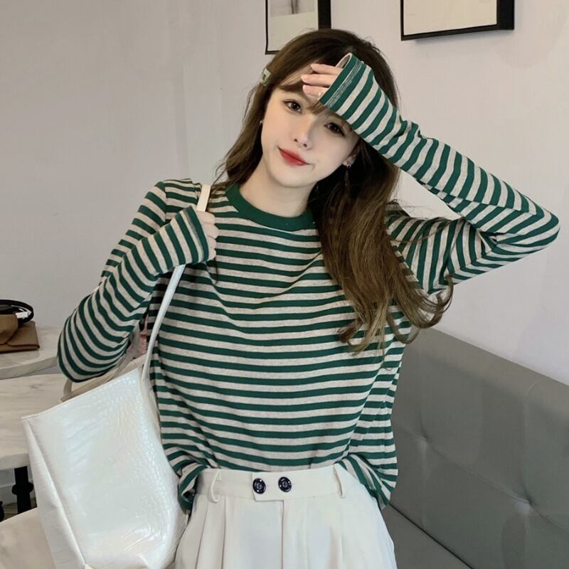 ストライプTシャツ シャツ スプリングオータム薄手ルーズトップス ロング 春物 秋物 1号婦人18508264253