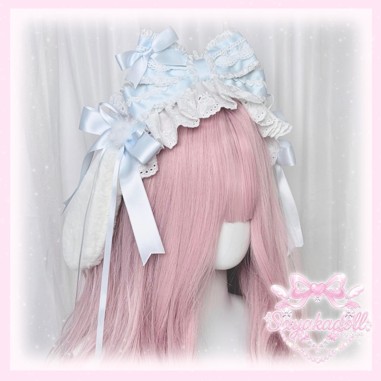 ♡ 【全4色】Milky bunny ぽんぽんリボン うさみみフリルレースヘッドドレス light blue ♡